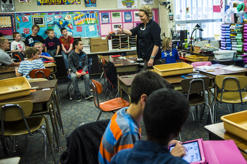 Chris Detrick  |  The Salt Lake Tribune
Fifth-grade teacher Amber Palmer teaches during class at Bennion Elementary School Tuesday May 6, 2014.