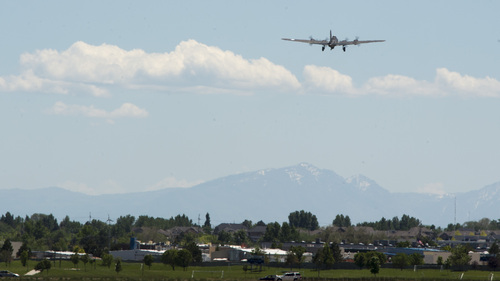 Rick Egan  |  The Salt Lake Tribune

The "Memphis  Belle," a restored WWII B-17 "flying fortress" bomber, takes flight from the South Valley Regional Airport on May 26, 2014. The B-17, restored by the Liberty Foundation, will be available for public flights from May 31 to June 1.