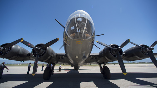 Rick Egan  |  The Salt Lake Tribune

 The "Memphis  Belle", a restored WWII B-17 "flying fortress" bomber, on display at the South Valley Regional Airport on May 26, 2014. The B-17, restored by the Liberty Foundation, will be available for public flights from May 31 to June 1.