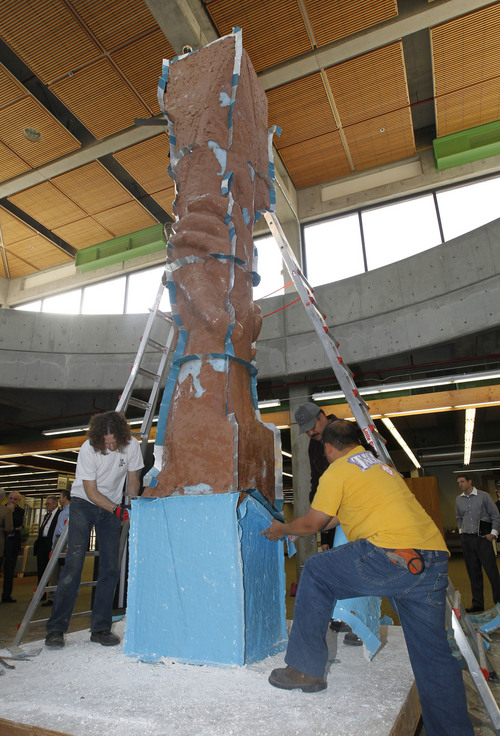 Al Hartmann  |  The Salt Lake Tribune
Artisans for sculptor Gary Lee Price remove sections of the working mold of a 15-foot protype of the "Statue of Responsibility" at Utah Valley University in 2013.