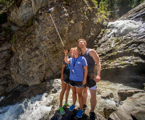 Trent Nelson  |  The Salt Lake Tribune
Elsie Reinemer center, takes a selfie with Heidi Reinemer and Scott Long, at Donut Falls in Big Cottonwood Canyon, Tuesday May 27, 2014.