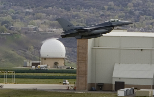 Jim Urquhart  |  The Salt Lake Tribune
An F-16 lifts off from Hill Air Force Base in this file photo from April 27, 2010.