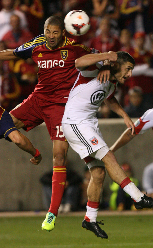 Leah Hogsten | The Salt Lake Tribune
Real Salt Lake forward Alvaro Saborio (15) fights D.C. United defender Chris Korb (22) to get a score late in the second half. Real Salt Lake lost the 2013 U.S. Open Cup Final to D.C. United 1-0 at Rio Tinto Stadium in Sandy, Utah, Tuesday, October 1, 2013. The winner will play in the CONCACAF Champions League.