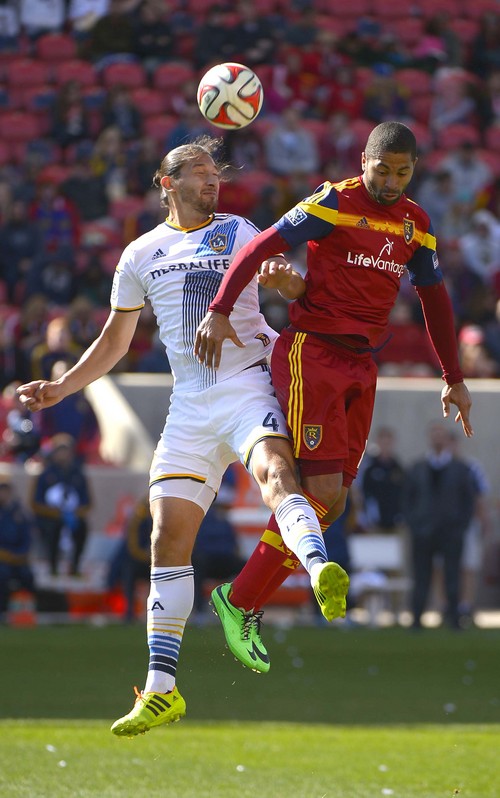 Leah Hogsten  |  The Salt Lake Tribune
Los Angeles Galaxy defender Omar Gonzalez (4) battles Real Salt Lake forward Alvaro Saborio (15). Real Salt Lake and the L.A. Galaxy's game ended in a 1-1 draw Saturday, March 22, 2014 during RSL's home opener at Rio Tinto Stadium.