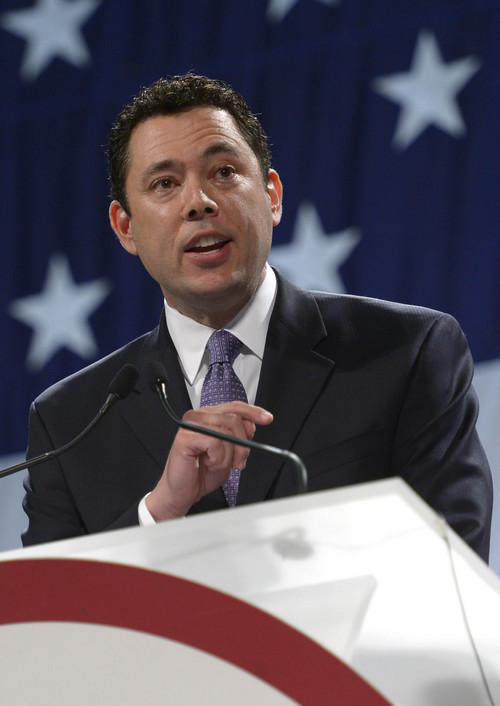 Leah Hogsten  |  The Salt Lake Tribune
3rd Congressional District candidate Jason Chaffetz won the nomination with 87 percent of the votes at the Utah Republican Party 2014 Nominating Convention at the South Towne Expo Center, Saturday, April 26, 2014.