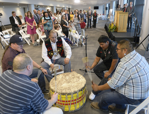 Al Hartmann  |  The Salt Lake Tribune
Ute Tribal Drummers and Singers open a gathering at the University of Utah Friday May 30 to  announce a new law school scholarship for members of the Ute tribe in honor of David Arapene Cuch, who died in his third year of law school in 2007. The scholarship will be funded by his friends and family, which include former Utah Director of Indian Affairs Forrest Cuch.