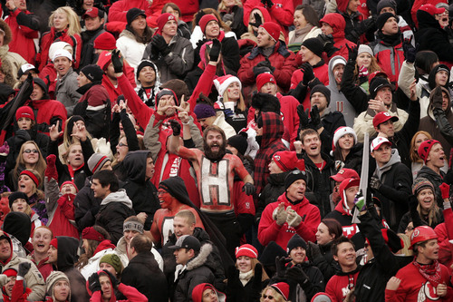 Trent Nelson  |  The Salt Lake Tribune

John Smith, the infamous "H Man", and other Utah fans celebrate as the Utes face BYU at Rice-Eccles Stadium Saturday, November 27, 2010.