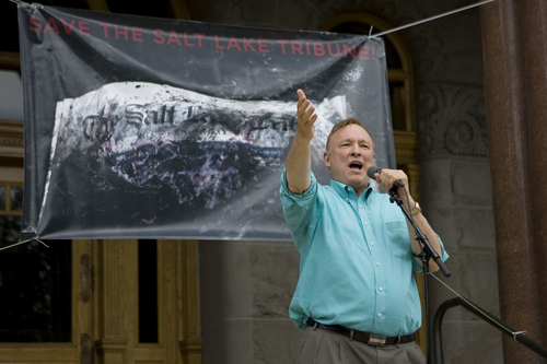 Melissa Majchrzak  |  Special to the Tribune
Jim Dabakis, state senator, speaks to the crowd at the "Save the Tribune" rally, held at the City and County building in Salt Lake City on May 31, 2014.