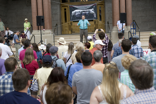Melissa Majchrzak  |  Special to the Tribune
Sen. Jim Dabakis speaks to the crowd at the "Save the Tribune" rally, held at the City and County building in Salt Lake City on May 31, 2014.