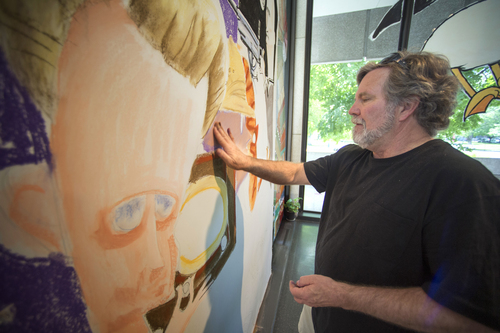 Rick Egan  |  The Salt Lake Tribune

Salt Lake Tribune editorial cartoonist, Pat works on a mural at the Leonardo,  Friday, May 30, 2014. Bagley is the artist in resident at The Leonardo.