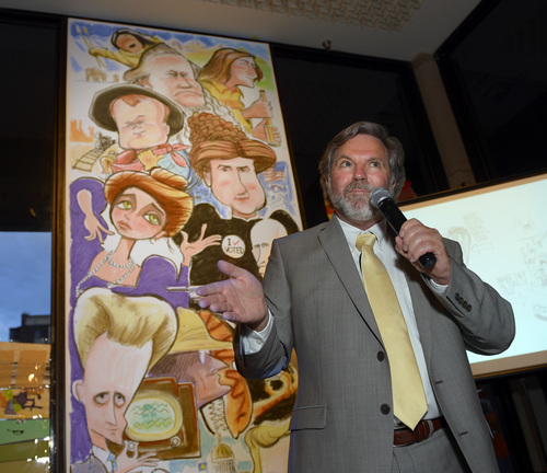 Scott Sommerdorf  |  The Salt Lake Tribune

Pat Bagley talks to the crowd during a reception "An Evening With Pulitzer Finalist, Pat Bagley" at the Leonardo, celebrating 35 years of political cartoons, Saturday, May 31, 2014