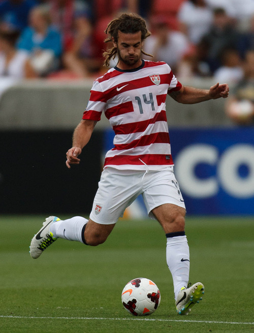 Trent Nelson  |  The Salt Lake Tribune
USA's Kyle Beckerman with the ball as the United States faces Cuba in CONCACAF Gold Cup soccer at Rio Tinto Stadium in Sandy, Saturday July 13, 2013.