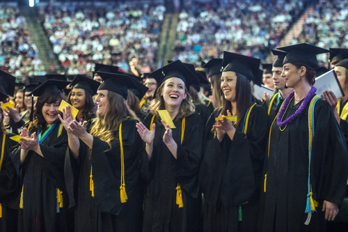 Chris Detrick  |  The Salt Lake Tribune
Students applaud during Westminster College's Commencement at the Maverik Center Saturday May 31, 2014. 977 students graduated.