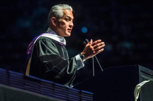 Chris Detrick  |  The Salt Lake Tribune
Javier Palomarez speaks during Westminster College's Commencement at the Maverik Center Saturday May 31, 2014. 977 students graduated.