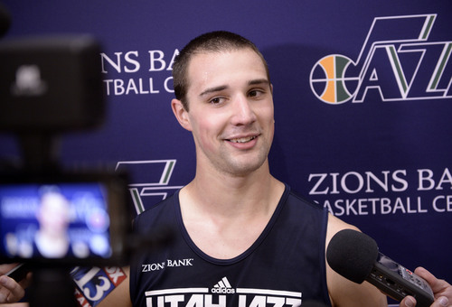 Al Hartmann  |  The Salt Lake Tribune
Jazz hopeful Aaron Craft, Ohio State guard is interviewed by the local media after working out at the Jazz practice facility in Salt Lake City Monday June 2.