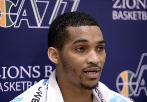 Al Hartmann  |  The Salt Lake Tribune
Jazz hopeful LaQuinton Ross, Ohio State forward is interviewed by the local media after working out at the Jazz practice facility in Salt Lake City Monday June 2.