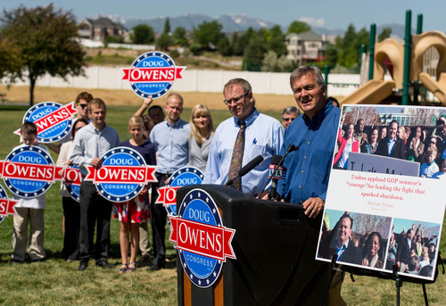 Trent Nelson  |  The Salt Lake Tribune
Outgoing Rep. Jim Matheson formally endorses candidate Doug Owens, the Democrat seeking to replace him, at a press event in South Jordan, Tuesday June 3, 2014.