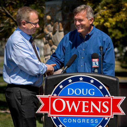 Trent Nelson  |  The Salt Lake Tribune
Outgoing Rep. Jim Matheson, right, formally endorses candidate Doug Owens, the Democrat seeking to replace him, at a press event in South Jordan on Tuesday.