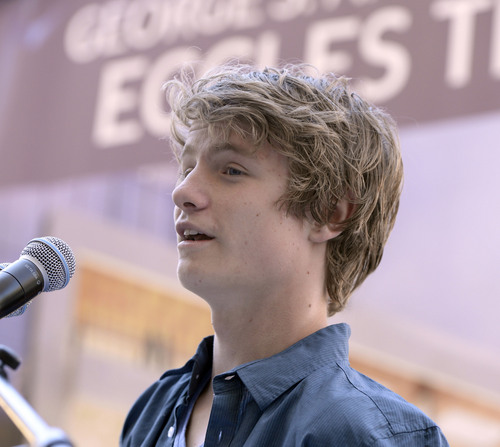 Al Hartmann  |  The Salt Lake Tribune
Utah Broadway actor Talon Ackerman speaks at the groundbreaking for the new George S. and Dolores Dore' Eccles Theater on Regent Street in Salt Lake Tuesday June 3.
