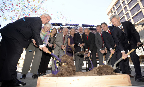 Al Hartmann  |  The Salt Lake Tribune
Salt Lake City officials and benafactors for the Utah Performing Arts Center break ground for the new project at Regent Street Tuesday June 3.  At center is Spencer Eccles whose family foundation donated $15 million.  It is to be named the George S and Dolores Dore Eccles Theater.