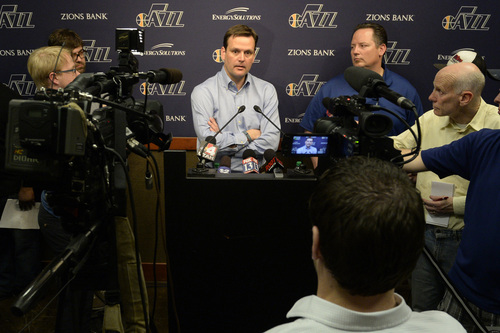 Rick Egan  |  The Salt Lake Tribune

Utah Jazz General Manager Dennis Lindsey talks to the media about the Utah Jazz decision not to offer Tyrone Corbin a new contract as head coach, at the EnergySolutions Arena, Monday, April 21, 2014