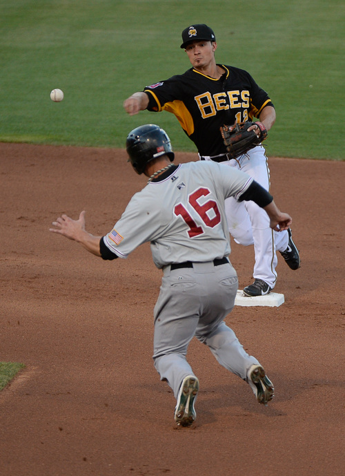 Francisco Kjolseth  |  The Salt Lake Tribune
The Salt Lake Bees Tommy Field manages a double as Andy Parrino of the Sacramento River Cats is out at second at Smith's Ballpark on Thursday, June 5, 2014.