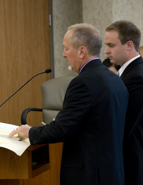 Jeremy Harmon  |  The Salt Lake Tribune

Nathan Fletcher stands with his attorney John Allan as he makes his initial court appearance in Provo on Thursday, June 5, 2014. Fletcher is alleged to have sexually assaulted multiple women at BYU.