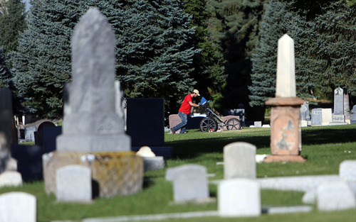 Francisco Kjolseth  |  The Salt Lake Tribune
Adam Kubicki, a ground penetrating radar technician, pushes a 400 MHz antenna along a municipally owned section of the Salt Lake City Cemetery in 2013, in search of famous Western gunslinger Jack Slade buried in 1864. Slade was famous for protecting stage coach routes between eastern and western U.S. and was also a drunk who was lynched for disturbing the peace in Montana, before being buried in the Avenues cemetery. A historian believes his grave is in a 16-by-16 foot plot in the Salt Lake City Cemetery, and he's attempting to dig up the body and move it to Slade's home in Illinois.