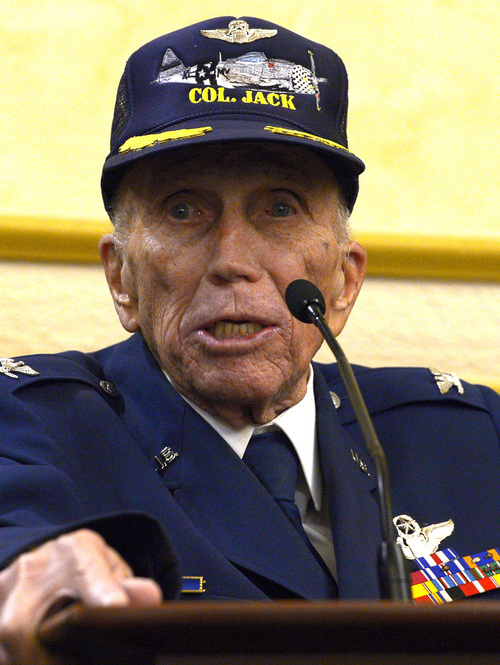 Leah Hogsten  |  The Salt Lake Tribune
US Air Force retired Col. Jack L. Tueller, 93, said he played the trumpet to calm his and his fellow pilots fears Friday, June 6, 2014. "I must've played "Danny Boy" at least 9,000 times," Tueller said jokingly. 
On the 70th Anniversary of D-Day, Fort Douglas Military Museum commemorated the Normandy invasion with a color guard and a salute to the troops, sailors and pilots who helped liberate France.