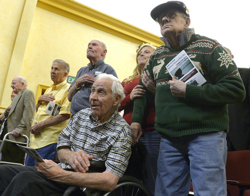 Leah Hogsten  |  The Salt Lake Tribune
l-r D-Day veterans Don Rassmussen, (seated), Ted Titus, (right) and fellow members of the Central Utah Veterans Home attend D-Day services, Friday, June 6, 2014. On the 70th Anniversary of D-Day, Fort Douglas Military Museum commemorated the Normandy invasion with a color guard and a salute to the troops, sailors and pilots who helped liberate France.