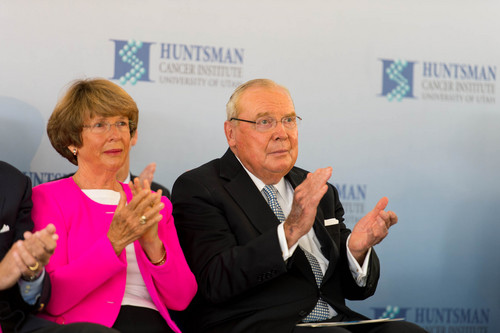 Trent Nelson  |  The Salt Lake Tribune
Karen and Jon Huntsman, Sr, applaud as the Huntsman Cancer Institute breaks ground on a new wing, the Primary Children's & Families Cancer Research Center, in Salt Lake City, Friday June 6, 2014.