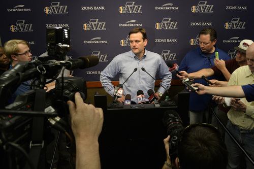 Rick Egan  |  The Salt Lake Tribune

Jazz General Manager Dennis Lindsey talks to the media about the Utah Jazz decision not to offer Tyrone Corbin a new contract as head coach, at the EnergySolutions ArenaMonday, April 21, 2014