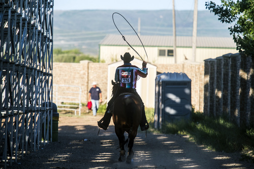 Chris Detrick  |  The Salt Lake Tribune
Dalton Rydalch rides away after competing in tie-down roping during the Utah State High School Rodeo Association Finals at the Wasatch County Event Center in Heber City Thursday June 5, 2014.