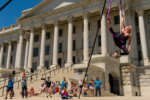Trent Nelson  |  The Salt Lake Tribune
Adriane Colvin, a performer with Fire Muse Circus, at the DYKE Rally at the state Capitol in Salt Lake City, Saturday June 7, 2014.