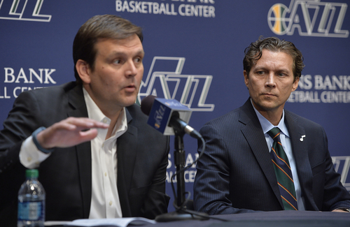 Scott Sommerdorf   |  The Salt Lake Tribune
Jazz GM Dennis Lindsey, left, talks about hiring Quin Snyder. The Utah Jazz introduced Quin Snyder, right, as their new head coach, Saturday, June 7, 2014.