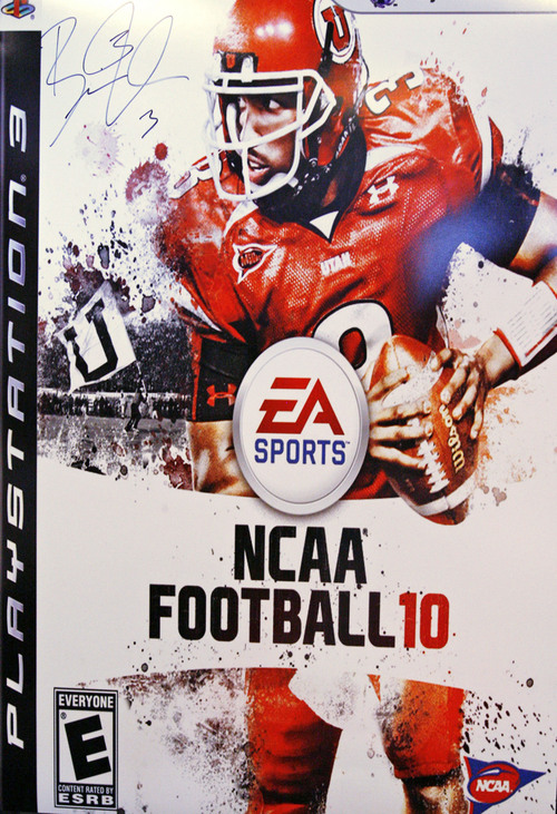 The cover of the playstation game. Brian Johnson, the University of Utah quarterback who led the Utes to a perfect 13-0 regular-season record and threw for 27 touchdowns, dreams of playing in the NFL. Johnson was signing autographs in conjunction with the new EA Sports college football game in which he's featured on the cover. 
Photo by Leah Hogsten/ The Salt Lake Tribune
WVC 7/14/09