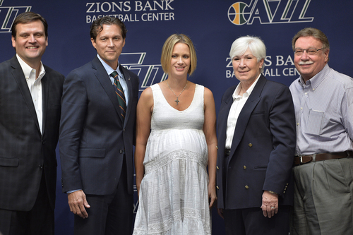 Scott Sommerdorf   |  The Salt Lake Tribune
The Utah Jazz introduced Quin Snyder as their new head coach, Saturday, June 7, 2014. From keft to right: Utah Jazz GM Dennis Lindsey, Jazz head coach Quin Snyder, Synder's wife Amy Snyder, Jazz owner Gail Miller, and her new husband Mr. Kim R. Wilson.