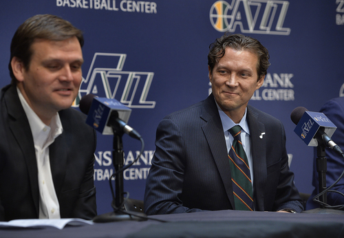 Scott Sommerdorf   |  The Salt Lake Tribune
The Utah Jazz introduced Quin Snyder, right, as their new head coach, Saturday, June 7, 2014. Jazz GM Dennis Lindsey is at left.