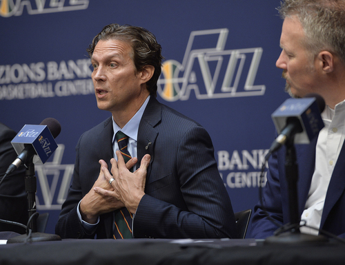 Scott Sommerdorf   |  The Salt Lake Tribune
Jazz coach Quin Snyder gestures as he talks about aspects of his coaching philosophy. The Utah Jazz introduced Quin Snyder as their new head coach, Saturday, June 7, 2014.