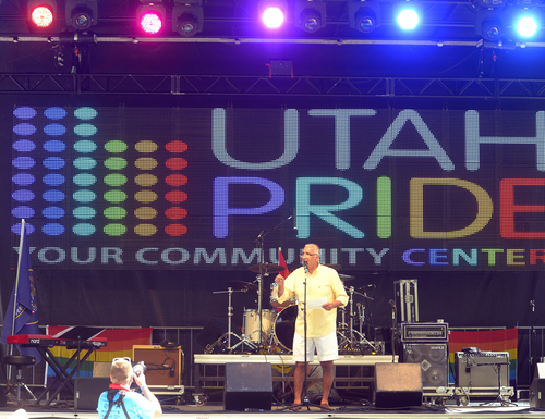 Rick Egan  |  The Salt Lake Tribune

Sim Gil address the crowd at the opening of the Pride Festival, at Washington Square, Saturday, June 7, 2014