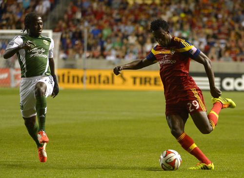 Rick Egan  |  The Salt Lake Tribune

Portland Timbers midfielder Diego Chara (21), defends as Real Salt Lake defender Abdoulie Mansally (29) sets up for the kick, in MLS soccer action at Rio Tinto stadium, Saturday, June 7, 2014