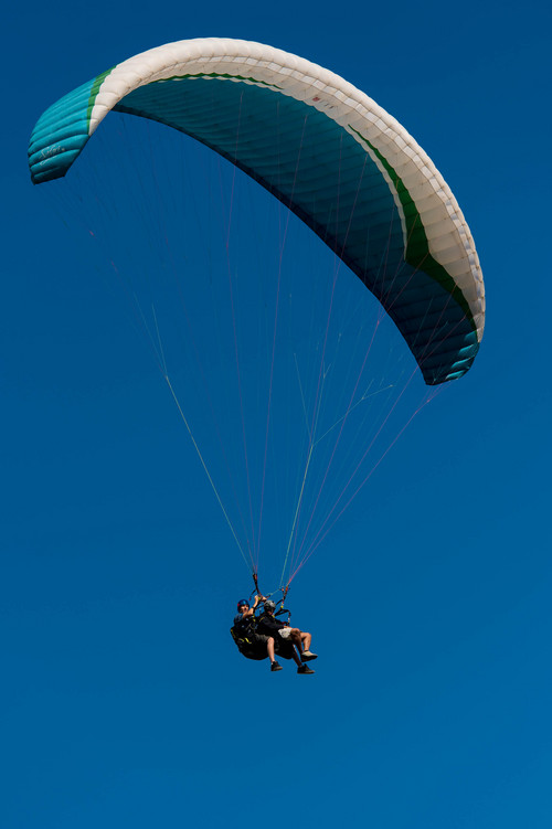 Trent Nelson  |  The Salt Lake Tribune
Mike Semanoff and Gordon Ewell paragliding as part of "Wings of Inspiration", an even created by Semanoff to allow wounded and disable veterans to experience the thrill of flight, at the Point of the Mountain in Draper, Saturday June 7, 2014.