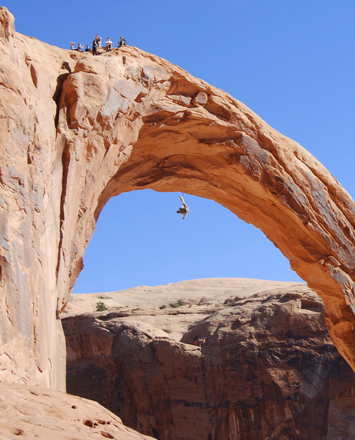 Brian Maffly  |   Tribune file photo 
Corona Arch, on a state-owned section near Moab, is a centerpiece of a proposed recreational land exchange between the state and federal governments. The arch, pictured here on Nov. 4, 2013, is a popular hiking destination, but it has recently become a venue for a massive rope swing.