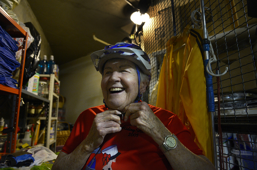 Scott Sommerdorf   |  The Salt Lake Tribune
Alice Telford, the founder of Little Red Riding Hood bike race, is 90. The race she began now draws 3,500 women each June to northern Cache Valley. They raised $150,000 Saturday for cancer research. She puts on her helmet as she prepares to ride her bike near her home in Salt Lake City, May 31, 2014.
