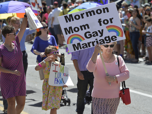 Scott Sommerdorf   |  The Salt Lake Tribune
Mormons for Equality marches in the Salt Lake City Pride Parade, Sunday, June 7, 2014.