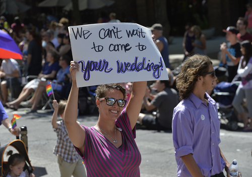 Scott Sommerdorf   |  The Salt Lake Tribune
Mormons for Equality marches in the Salt Lake City Pride Parade, Sunday, June 7, 2014.