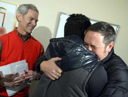 Keith Johnson | Tribune file photo

Brian Morris, right, hugs Noni Blake after they were married by Salt Lake City mayor Ralph Becker outside the Salt Lake County clerks office, Friday, December 20, 2013.