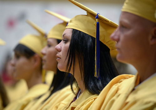 Al Hartmann  |  The Salt Lake Tribune
Inmates listen to a program speaker during a graduation excercise at the Utah State Prison in Draper Wednesday June 11, 2014.  Two hundred seventy-three male and female inmates received their high school diplomas.