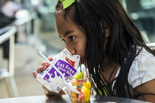Chris Detrick  |  The Salt Lake Tribune
Sandy Makaafi, 4, of Salt Lake City, eats a snack as a part of the Summer Food Service Program at the Salt Lake City Main Library Wednesday June 11, 2014. Last year, the Summer Food Service Program gave out more than a million lunches in the state of Utah.