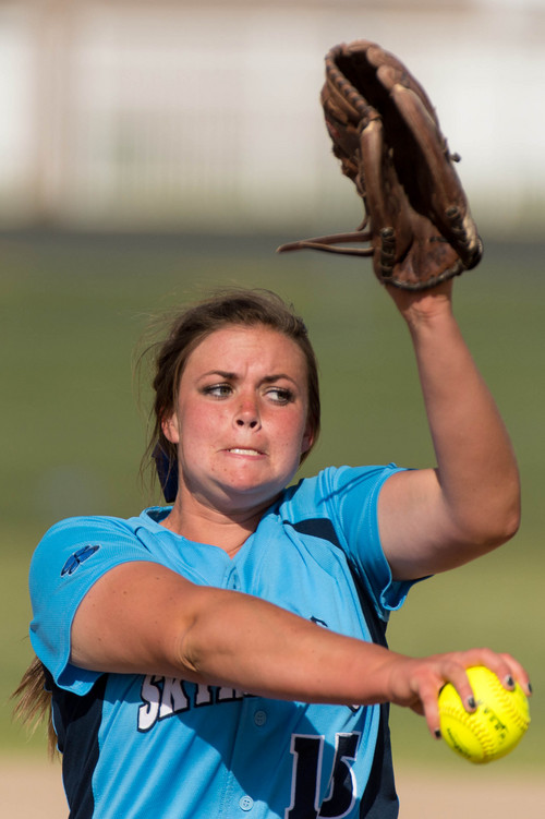 Trent Nelson  |  The Salt Lake Tribune
Salem Hills pitcher Kirtlyn Bohling in action as Salem Hills defeats Bonneville High School in the first game of the 4A softball state championship, Thursday May 22, 2014.